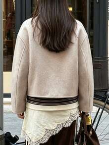 Autumn/Winter Classic Lapel Long Sleeve Loose Mid-Length Wool Coat, Casual Everyday Style - Apricot - View 6