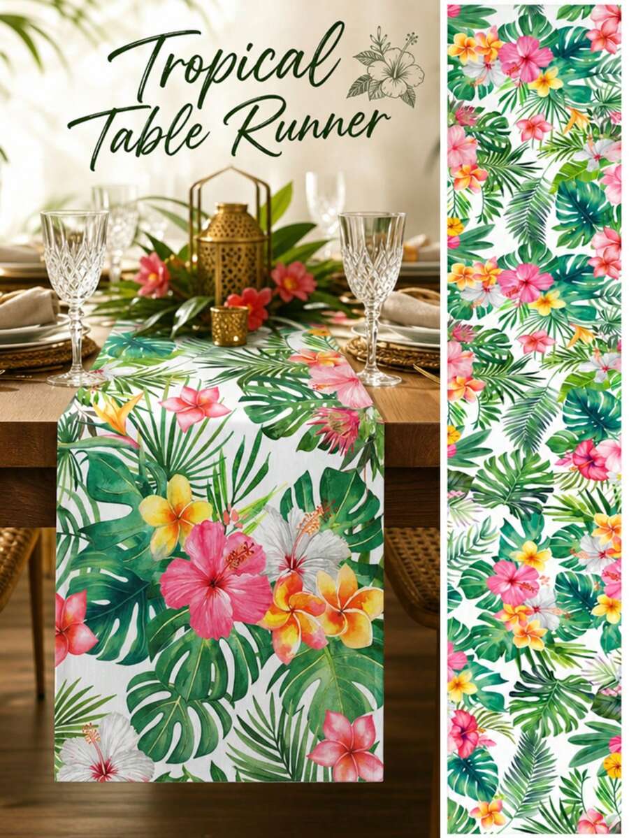 1Pc Tropical Floral Table Runner,Green Palm Leaf Pink Hibiscus Print Table Runner,180x35cm Polyester Table Cloth For Luau Party Holiday Home Decor