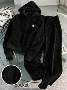 Lurzo Girls' Autumn/Winter Ribbed Corduroy Hooded Zip-Up Jacket + Casual Pants Set, Pocket Design, Soft Fabric, Outdoor/Back To School/Weekend/Sports - Black - View 6