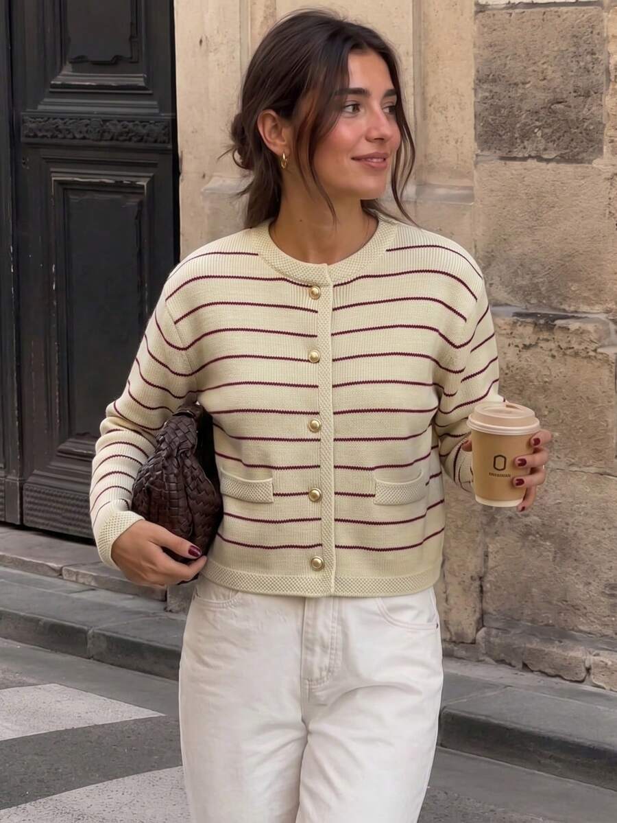 JIANHU Casual Versatile Minimalist Striped Cardigan, Autumn/Winter - Red - View 1