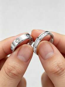 VJS 2pcs European & American Luxury Clover Zirconia Ring Set, 18K Gold Plated Stainless Steel, Non-Fading, Embossed Clover + Full Rhinestone Starry Sparkle, Suitable For Daily Commute / Dating / Gifting, Valentine's Day, Qixi Festival, Christmas Gift - Silver - View 3