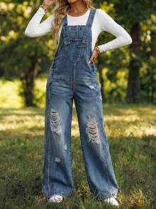 Distressed Casual Straight Leg Denim Overalls - Light Color - View 5