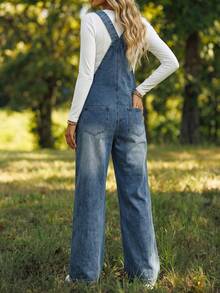 Distressed Casual Straight Leg Denim Overalls - Light Color - View 4