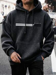 男士水洗做舊線條字母印花連帽衫，極簡 PARIS 圖案，復古寬鬆版套頭運動衫，秋冬款 - 黑色 - 查看 3