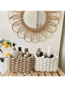 1pc Khaki Handmade Woven Thick Cotton Rope Cosmetic Storage Box, Makeup Brush & Skincare Product Organizer - Khaki - View 9