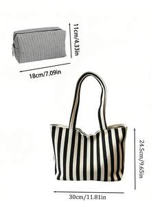 Ladies' Striped Canvas Handbag And Makeup Bag, Cute Casual Style, Floral Kitten Print, Large Capacity Shoulder Bag, Casual Striped Handbag, Work - Multicolor - View 9