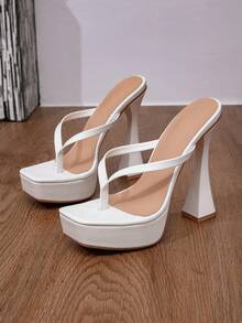 Women's White Platform Thong Heeled Mules, Square Open Toe Sculptural Flare High Heel Slide Sandals For Party Club - White - View 6