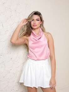Blusa Feminina Gola Boba Tecido Cetim Elegante Casual Blusas Femininas Elegantes Manga Longa para Festa ou Trabalho - Rosa Bebê - Visão 4