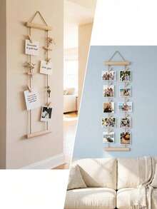 1 Set Wooden Photo Wall Hanging Rack, Includes Hanging Rope And Clips; Multiple Photo Display Rack; No Drilling Required; Space-Saving; Suitable For Dorm, Bedroom, Desk And Wall Decoration, Christmas Holiday Memorial Photos - A - View 4