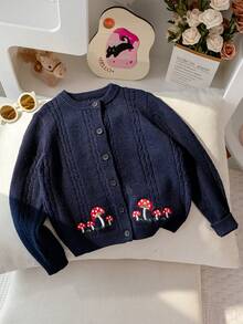 女童甜美蘑菇刺繡粗針編織圓領鈕扣長袖開襟針織外套，休閒百搭，適合日常穿著與上學，春秋冬三季 - 藏蓝色 - 查看 1