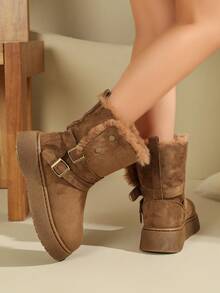 Solid Color Double Buckle Strap Faux Fur Trim Faux Suede Platform Mid‑Calf Winter Boots Women - Camel - View 3