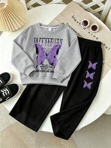 Girls' Personalized Butterfly Print Crew Neck Sweatshirt And Casual Wide Leg Pants 2-Piece Set, Suitable For Autumn/Winter, School, Shopping And Sports - Grey - View 3
