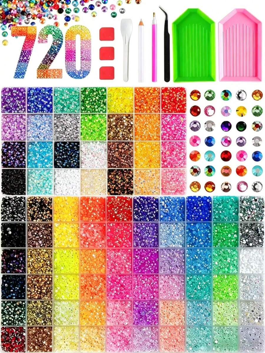 盒裝樹脂水鑽美甲裝飾套組,圓形水晶美甲水鑽,亮面水鑽套組,適用於美甲、保溫杯、衣物、剪貼簿與 DIY 手作 - 彩色 - 查看 1