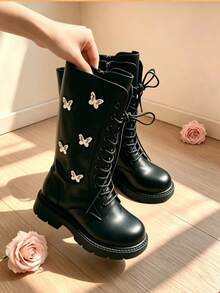Suggested To Buy Larger Size, Refer To Size Chart, One Pair Of Cute Butterfly Children's Boots, Soft Leather, Non-Slip, Easy To Put On And Take Off, Versatile, Suitable For Daily Wear - Black - View 9