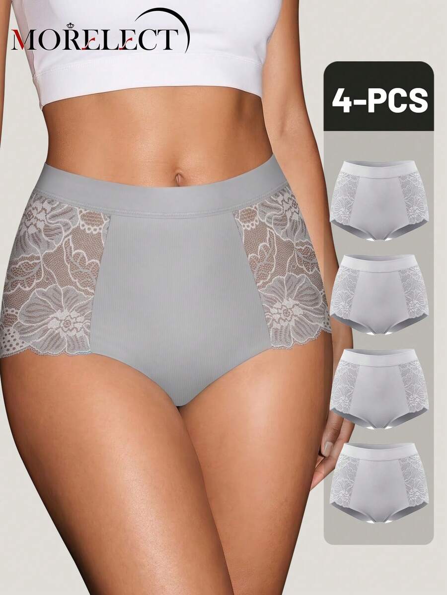 Morelect 4pcs Women's Mid-High Waist Lace Triangle Panties, Natural Fit, Breathable Soft Lightweight Daily Wear