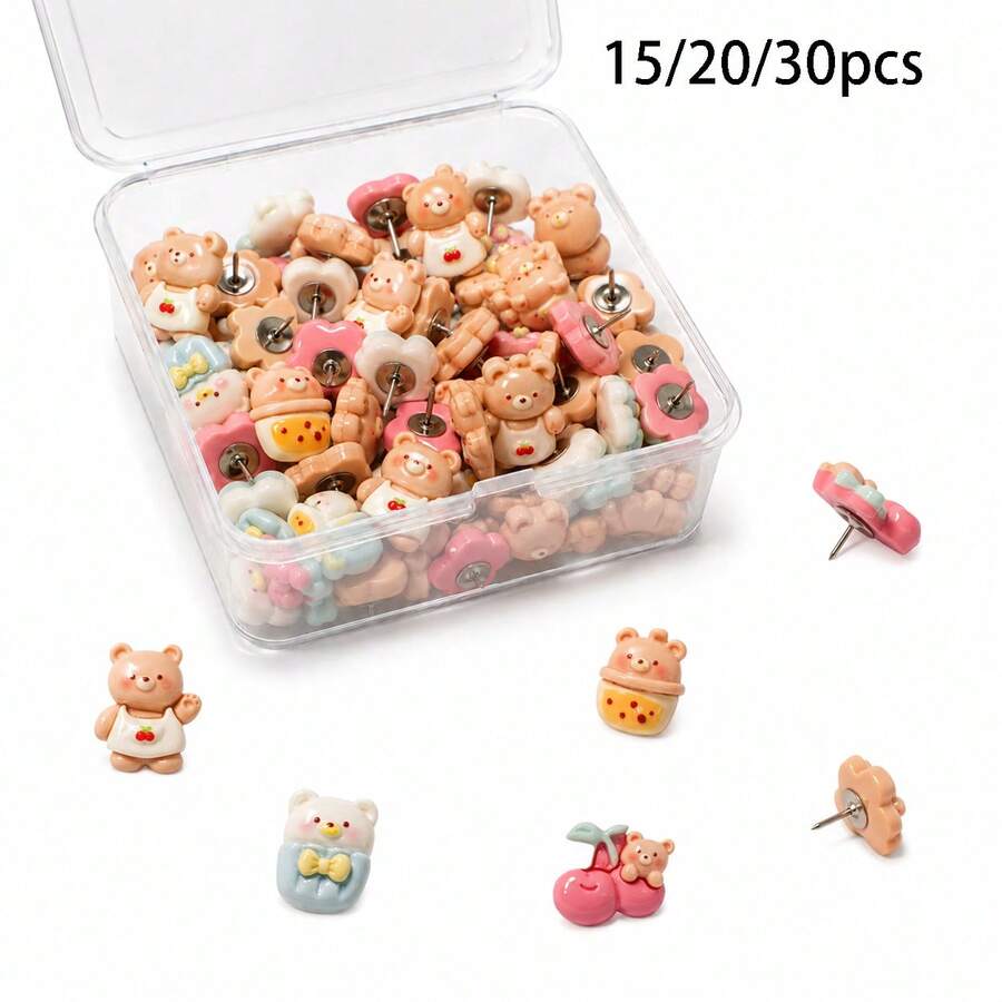 15/20/30pcs Cute Bear Push Pins, Decorative Bear Thumbtacks For Cork Board, Bulletin Board, Suitable For Home, School, Office Decoration, Random Styles - A - View 1