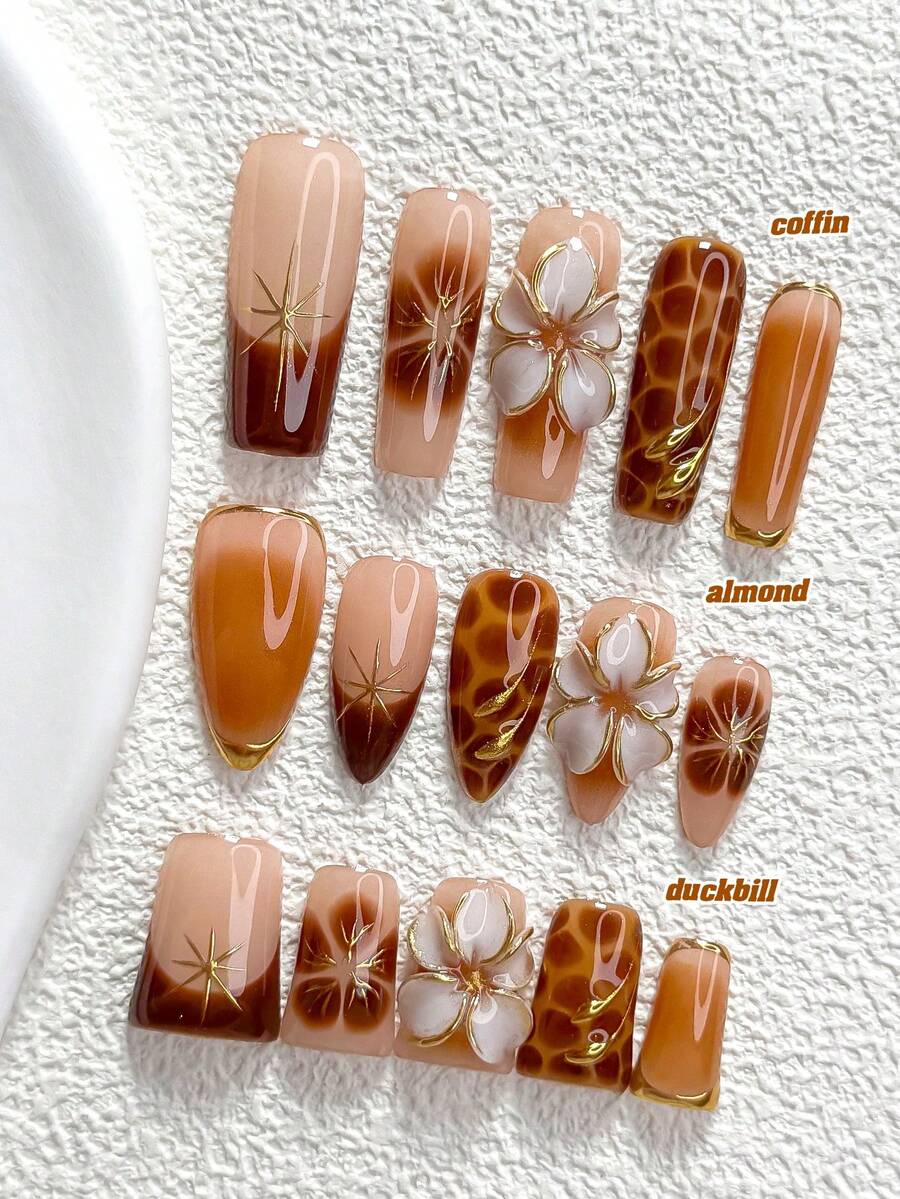 10片獨特風格手工穿戴甲，Polygel美甲套組，星光、花卉、棕色與白色指甲油，時尚風格，含美甲工具，3種尺寸可選，杏仁、鴨嘴、棺材形，適合派對、舞蹈、日常配戴（手工細節可能有所不同） - 彩色 - 查看 1