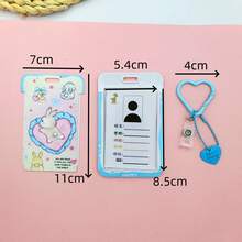 Macaron Heart Card Holder Keychain, Student ID Card Protector, Cartoon Cat & Rabbit Print Card Sleeve, Detachable Backpack Charm - Multicolor - View 8