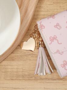 Fashionable Bow Printed Short Wallet, Portable Metal Heart-Shaped Tassel Decoration, Multi Slot Snap Wallet, Suitable For Outdoor And Travel - Pink - View 7