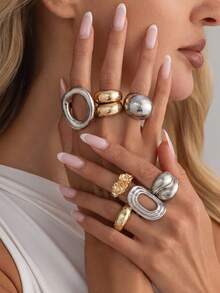 8pcs Asymmetrical Geometric Hollow Round Line Rings - Multicolor - View 3