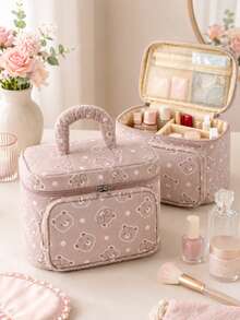 Cute Bear Print Large Capacity Makeup Organizer Bag With Compartments, Portable Cosmetic Toiletry Storage Case For Travel, Vanity & Home - Multicolor - View 1