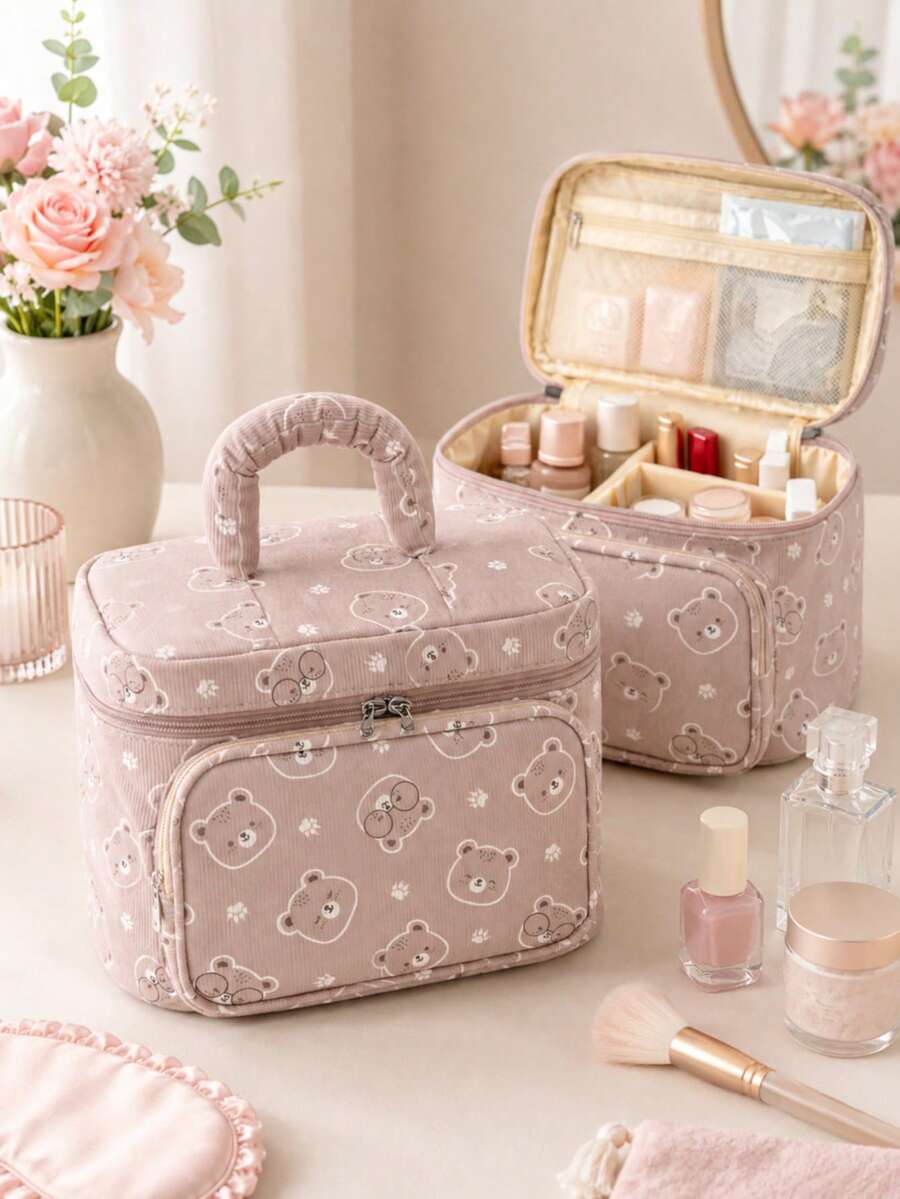 Cute Bear Print Large Capacity Makeup Organizer Bag With Compartments, Portable Cosmetic Toiletry Storage Case For Travel, Vanity & Home - Multicolor - View 1