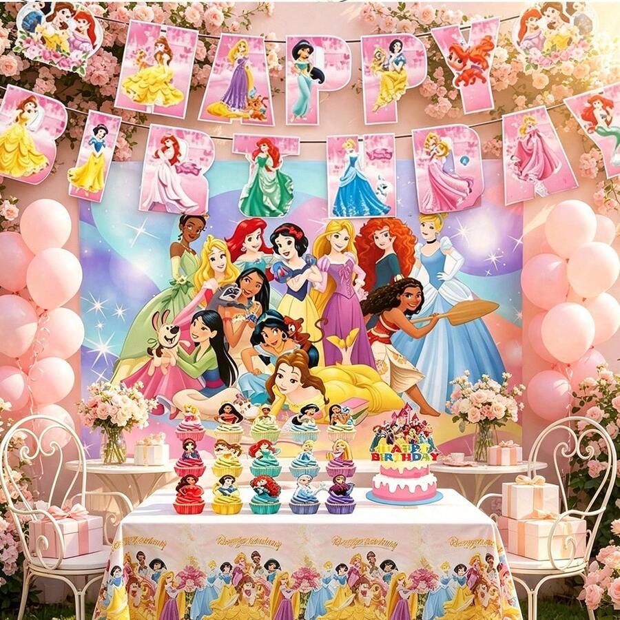 Princess-Themed Birthday Party Decoration Set Banner, Backdrop, Cake Toppers, Tablecloth, Girs Princess Birthday Supplies, Themed Party - Multicolor - View 1