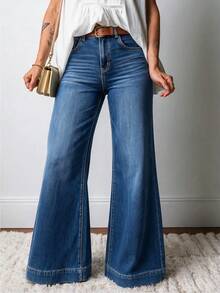 Blue Gradient Distressed Denim Wide Leg High Waist Loose Fit Jeans With Wide Hem - Blue - View 3