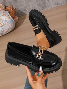 Women's Thick Sole Loafers, Chunky Heel Round Toe Slip-On Loafers, Casual Retro Elegant Easy-To-Wear - Black - View 5