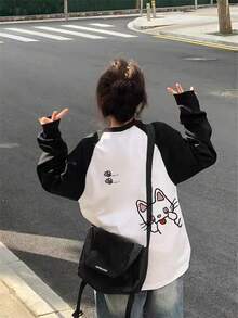 Women's Fashion Autumn Cotton Loose Fit Versatile Cartoon Print Long Sleeve T-Shirt Top - Black and White - View 3