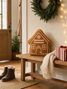 Brown Gingerbread House Shaped Holiday Decorative Pillow, White Frosting Pattern, For Christmas Living Room Sofa - Orange - View 2