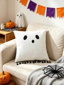 1PC Fun Little Ghost Fringe Pillowcase, Simple Ghost Pattern, Machine Washable, Double-Sided Printing, Zipper Closure, Suitable For Car Backrest Cover, Home, Sofa, Bedroom And Office Decoration Pillowcase, Halloween Pillowcase (Excluding Pillow Core) - Multicolor - View 2