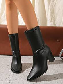 Black Elegant Pointed Square Toe PU Elastic Ankle Boots For Women, Back Zipper Chunky High Heel Slimming French Fashion Boots - Black - View 3