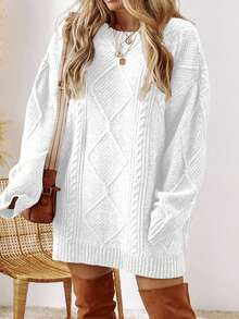 Acelitt Autumn/Winter Plus Size Women's Solid Color Knit Textured Cold Shoulder Plus Size Sweater Dress - White - View 2