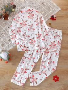 Children's Christmas Cartoon Deer All-Over Print Breathable Comfortable Turn-Down Collar Button-Up Pajama Set Long Sleeve Long Pants For Girls - Multicolor - View 2