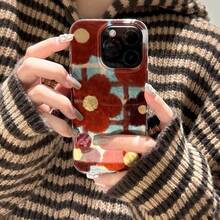 Ins Autumn/Winter Retro Brown Plaid Floral Phone Case Compatible With Iphone 17 Pro Max, Apple 13, 18 Pro, 14, 12, 11 Pro, 15 Plus, Double Layer Laser Silicone Full Coverage Creative Case For Women - Brown - View 1
