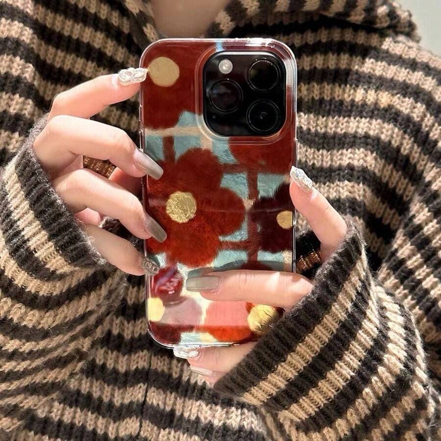 Ins Autumn/Winter Retro Brown Plaid Floral Phone Case Compatible With Iphone 17 Pro Max, Apple 13, 18 Pro, 14, 12, 11 Pro, 15 Plus, Double Layer Laser Silicone Full Coverage Creative Case For Women - Brown - View 1