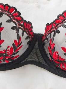 Black Red Gothic Floral Embroidery Lingerie Set, Halloween Dark Rose Sheer Mesh Underwire Bra, Adjustable Thin Strap Mid-Rise Brief Panties - Black - View 3
