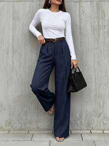 Women's Solid Color Loose Straight Leg Pants For Office And Daily Commute - Navy Blue - View 3