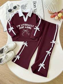 Sweatshirt dan Celana Panjang Leher V dengan Motif Huruf Bordir untuk Anak Perempuan - Burgundy - View 2