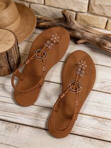 Bohemian Flower Bead Thong Sandals, Vintage Brown Elastic Ankle Strap Flat Flip-Flops For Beach Vacation - Brown - View 4