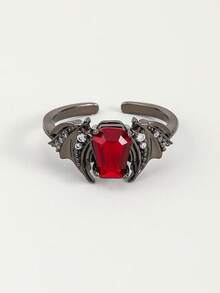 1pc Gothic Style Red Cubic Zirconia Open Ring, Bat Design Dark Style, Unisex, Suitable For Halloween, Easter, Can Be Paired With Gothic Style Clothing - Black - View 1