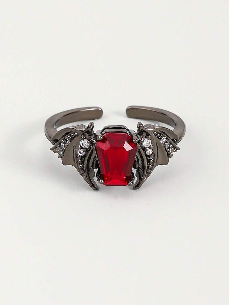 1pc Gothic Style Red Cubic Zirconia Open Ring, Bat Design Dark Style, Unisex, Suitable For Halloween, Easter, Can Be Paired With Gothic Style Clothing - Black - View 1