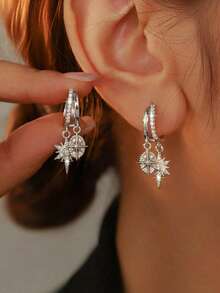 Minimalist Luxury Cross Starburst Double Layer Earrings, Silver Plated Wide Band Cubic Zirconia Hoop Earrings, Niche Design Office/Party Jewelry - Silver - View 2