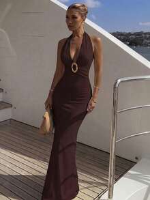 Perirose Women's Brown Elegant Halter Neck Backless Deep V-Neck Ring Detail Fitted Maxi Dress, Suitable For Summer Autumn Vacation, Wedding Guest, Cocktail Party, Nightclub Gathering - Brown - View 3