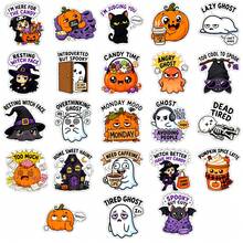 50pcs Funny & Cute Halloween Quote Stickers, Sleepy Pumpkin, Cheerful Ghost, Black Cat, Humorous Slogan Waterproof Decorative Stickers, Suitable For Laptop, Water Bottle, Planner, Scrapbook - Multicolor - View 7