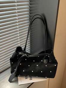 1pc Vintage Rivet Large Capacity Tote Bag, Commuter Oversized Underarm Bag, Fashion Motorcycle Bag, PU Matte Leather, Shoulder Strap, Zipper Closure, Women's Work/School/Travel/Shopping/Business Shoulder Bag, Suitable For Daily Use - Black - View 9