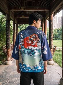 Men's Kimono Style Cardigan Casual Shirt, Tiger & Water Wave Print Jacket Top, Machine Washable, Easy Care, Comfortable Fabric - Navy Blue - View 2