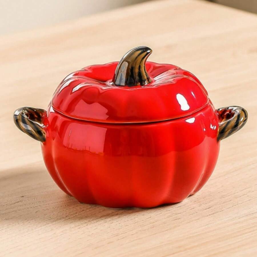 Ceramic Pumpkin Bowl With Lid And Handle, Cute Autumn Orange Pumpkin Design, Suitable For Soup Bowl, Ceramic Container Canister, Perfect For Holding Desserts And Cookies, Halloween/Thanksgiving/Autumn Decor And Gift - View 1