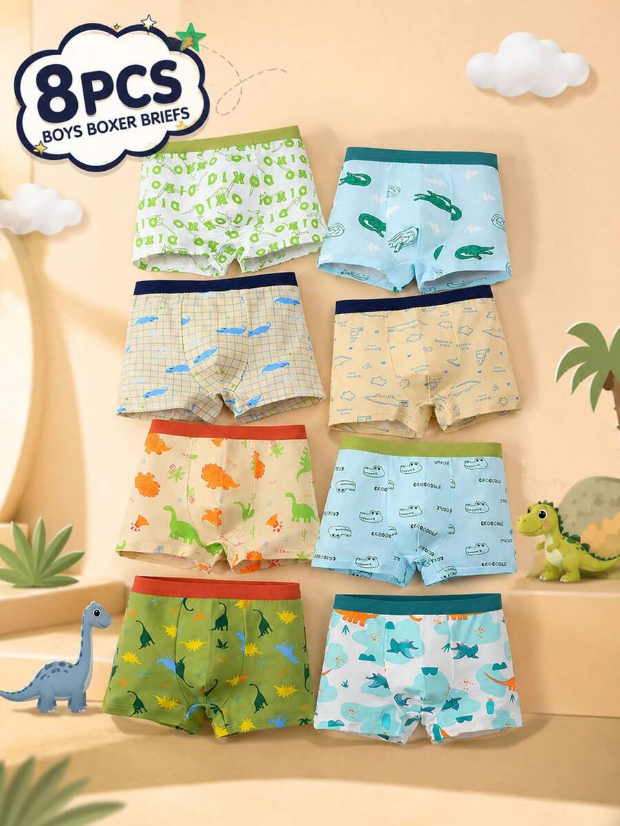 Set 8 buah celana boxer anak laki-laki, motif dinosaurus dan buaya yang lucu, bahan elastis lembut dan nyaman, cocok untuk pemakaian sehari-hari anak laki-laki. - MultiWarna - View 1